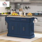 HOMCOM Rolling Kitchen Island Cart with Wheels, Portable Island Table for Kitchen with Stainless Steel Top, Adjustable Shelves, 2 Drawers, Spice, Knife and Towel Rack, Navy Blue
