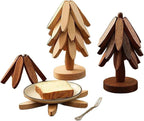 Natural Wood Tree Trivet Set, 𝐍atural Tree Trivet Set - 4 Wooden Trivets,4 Wooden 𝐓rivets & 1 Stand Like a Christmas Trees,for Hot Dish,Pot,Bowl,Teapot,Hot Pot Sets (Walnut Finish 4 Trivets,1set)