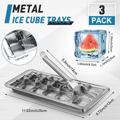 3 Pcs 18 Slot Stainless Steel Ice Cube Maker and Tray Ice Cube Tray for Bars Kitchens Levers Remove Cubes Easy Removal Metal Food Grade Freezer Molds for Food Juice Dishwasher Safe
