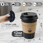 100 Pack 12 oz Coffee Cups,Disposable Hot Drink Paper Cups with Lids & Sleeves -12 Ounce Black Party Cups Perfect for Hot Beverages, Party, Office,and Home Use