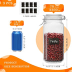 78oz Glass Food Storage Jars with Airtight Clamp Lids, 3 PCS Food Storage Canister for Kitchen & Pantry Organization, Square Mason Jar Containers for Storing Sugar, Flour, Cereal,Coffee,Cookies