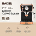 HADEN Barista Brew Espresso Coffee Machine, Stainless Steel Espresso Maker with Milk Frother and Steamer Function and 1.5L Water Tank, Black & Copper