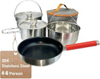 Camping Cookware Set 304 Stainless Steel Cooking Pots Pan Set with Travel Tote Bag for Camping Outdoor Kitchen Cooking Picnic for 4-6
