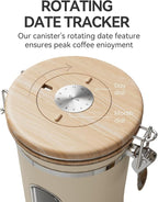 Veken Coffee Sugar Canister with Window, Coffee Lover Gift Set,Airtight Stainless Steel Kitchen Food Storage Container Gifts, Date Tracker & Scoop for Grounds Coffee,Beans,Tea,Flour,Cereal,22OZ,Cream
