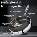 12 Inch Frying Pan Nonstick with Lid, 5.6QT Hybrid Ceramic Deep Saute Pan & Skillet, Tri-Ply Stainless Steel for Even Heat, PFOA/PFOS Free, Induction & Oven Safe