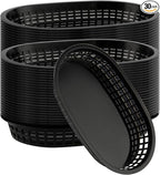 30 Pack 10.5x6.7x1.3 Inch Black Plastic Fast Food Baskets, Restaurant Serving Baskets, Flat Oval Fast Food Serving Basket for Picnic, Deli Serving, Chicken, Burgers and Fries