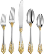 KEAWELL Luxury 20 Pieces 18/10 Stainless Steel Flatware set, Service for 4, silver plated with gold accents, Fine Silverware set and Dishwasher Safe (Gold Accent)