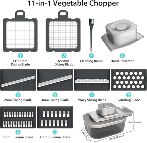 11-in-1 Mandoline Slicer for Kitchen, Food Chopper with Container, Vegetable Dicer Onion Slicer, Veggie Cutter for Fruit Salad Kitchen Gadgets Essential Tools (Grey)