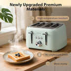 LONGDEEM 4-Slice Toaster 1.5" Extra Wide Slot Stainless Steel with High Lift Lever, 6 Presets & Bagel/Defrost/Cancel Function, Removal Crumb Tray, Under Base Cord Storage, Green