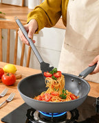 Spaghetti Spoon and Pasta Tong with Grip Teeth and Drain Holes, 2-Piece Non-Stick Silicone Head with Stainless Steel Handle, Heat Resistant Food Grade Utensils for Cooking, Serving, Salad and Noodles
