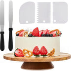 12" Acacia Wood Revolving Cake Stand,2" High Rotating Cake Turntable with 2 Plastic Icing Spatulas, 3 Plastic Smoothers, Wooden Rotating Display Stand for Cake, Cupcake Decorating Supplies