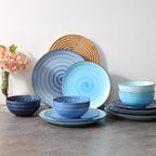 Selamica Ceramic 16-Pieces Dinnerware Set, Ceramic Dishes Set for 4, Kitchen Plates and Bowls Sets, Dinner Plates Set, Spray Black Dots, Gradient Blue