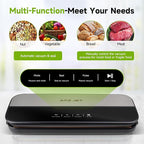 Food Sealer Vacuum Sealer-Tempered Glass Stainless Steel panel, LED Touch Control, Digital Display, Pulse/Moist/Dry/Seal/External Suction Modes, Includes 30 Vacuum Bags & Built-in Cutter (Black Gray)