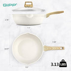 GiPP Nonstick Deep Frying Pan Skillet, 9.5" Saute Pan with Lid, Granite Induction Cookware Non Stick Cooking Pan, PFOA PFOS APEO Free, White