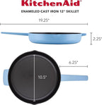 KitchenAid Enameled Cast Iron Frying Pan/Skillet with Helper Handle and Pour Spouts, 12 Inch, Blue Velvet