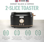 Haden Dorset 2 Slice Wide Slot Stainless Steel Toaster with Adjustable Browning Control & Non-Slip Feet, Black & Copper