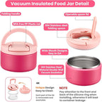 Bento Lunch Box for Kids with 8oz Soup Thermo,Kids Leakproof Lunch Food Containers with 4 Compartment,Kid Insulated Thermo Hot Food Jar for School,Trvael-Pink