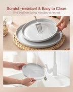 Famiware Milkyway Dinnerware Set with Mugs, Service for 4 (16pcs), Ribbed Stoneware Plates and Bowls Dishes Sets - Chip & Scratch Resistant, Microwave & Dishwasher Safe, Light Gray