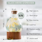 Classic Home Teardrop Clear Glass Ice Cold Beverage Drink Dispenser- 2.75 Gallon, With Cork Lid & Modern Wood Base Leak Proof Spigot- Wide Mouth Easy Filling For Outdoor, Parties & Daily Use