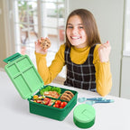 Kids Bento Lunch Box with 8oz Soup Thermo, Kids Leakproof Lunch Food Containers with 4 Compartment,Insulated Hot Food Jar with Lunch Bag for School, Travel (Green)