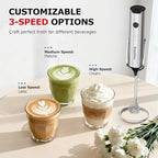 Bonsenkitchen Rechargeable Milk Frother with Stand, Handheld 3-Speed Coffee Frother, Dual Spring Whisk Electric Hand Frother Wand Drink Mixer for Matcha Lattes Cappuccino, Kitchen Gifts