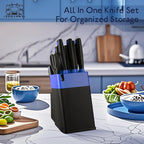 14 Pcs Kitchen Knife Block Set with Sharpener German High Carbon Stainless Steel Chef Knives, Razor-Sharp & Durable, Lightweight Anti-Slip Handle, Professional Set for Home & Kitchen (Blue)