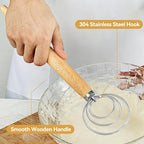 Danish Dough Whisk Dutch Bread Mixer Stainless Steel Hook Wooden Handle Baking Tools for Sourdough Pizza Pastry Cake Batter Making