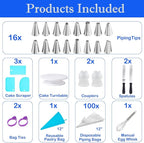 124 PCS Cake Decorating Kit with Cake Stand Turntable, Piping Bags and Tips Set, 100+1 Piping Bags, 12 Icing Piping Tips, 3 Scrapers, 2 Spatulas, Manual Egg Whisk, Baking Supplies for Cake Lovers
