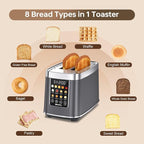 Mecity 2 Slice Toaster with Touch Screen & Auto Lift, Stainless Steel Cool-Touch Toaster with 8 Bread Settings, 5 Shade Levels, 1200W High Power, Keep Warm & Reheat Function, Metallic Grey, 120V