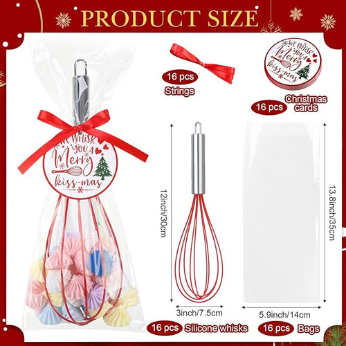 16 Sets 12 Inch Christmas Whisks Gifts DIY Fillable Christmas Tree Ornaments Xmas Colored Silicone Whisks for Cooking Heat Resistant Egg Beaters with Card Rope Bag for Candy Holder
