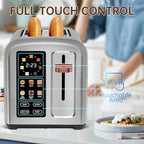 SEEDEEM Toaster 2 Slice, Touch Control Stainless Toaster LCD Display, 50% Faster Heating Speed, 1.4'' Wide Slots, More Timer Functions, Removable Crumb Tray, 1350W, Silver White