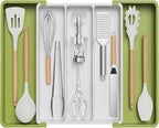 Lifewit Utensil Organizer for Kitchen Drawers, Expandable Cooking Utensil Tray, Adjustable Cutlery Silverware Flatware Holder, Spatula Tools and Gadgets Storage Divider, 13"-22.4" x 15", Green&White