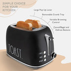 Rae Dunn Retro Rounded Bread Toaster, 2 Slice Stainless Steel Toaster with Removable Crumb Tray, Wide Slot with 6 Browning Levels, Bagel, Defrost and Cancel Options, Black