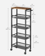 VASAGLE Slim Rolling Cart, 5-Tier Storage Cart, Narrow Cart with Handle, 8.7 Inches Deep, Metal Frame, for Kitchen, Dining Room, Living Room, Home Office, Rustic Brown and Classic Black ULRC035B01