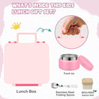 Kids Bento Lunch Box with 8oz Soup Thermo, Kids Leakproof Lunch Food Containers with 4 Compartment,Insulated Hot Food Jar with Lunch Bag for School, Travel (Pink-No lunch bag)