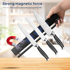 12 Inch Magnetic Knife Holder with 5 Hooks, No Drilling Black Magnetic Strip and Utensil Hanger for Wall