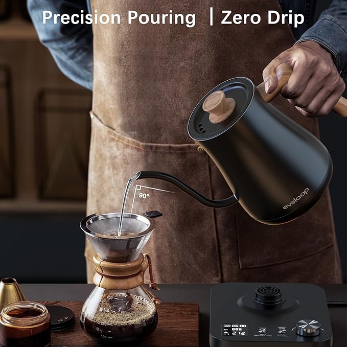 Gooseneck Electric Kettle, Electric tea Kettles, ±1℉ Temperature Control for Pour-Over Coffee & Tea Brewing, Stainless Steel Inner, Quick Heating, Boil Hot Water, 1200W/0.8L (Black Wooden)