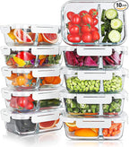 KOMUEE 10 Packs 30oz Glass Meal Prep Containers 2 Compartments,Glass Food Storage Containers with Lids,Airtight Lunch Bento Boxes,Oven,Freezer and Dishwasher Safe, White