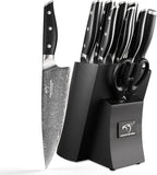 Damascus Knife Set with Block for Kitchen, VG10 Steel Chef Knife Set with Triple-Rivet Handles, Knife Sharpener, Natural Ash Wooden Knife Block, 10PCS