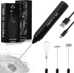 Zulay Froth N Go Milk Frother Rechargeable - 3-in-1 Frother Wand With Case & USB-C Charger - Comes With 3 Whisk Attachments for Latte, Cappuccino, Matcha, Protein Shakes - Black