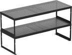 Stackable Expandable Metal Shelf Organizer - Adjustable Wire Storage Rack with Holes for Kitchen, Bathroom, Cabinet, Office - Space Saving, Durable & Sturdy Design（2PACKS/Medium/Black