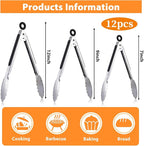 12 Pcs Stainless Steel Serving Tongs for Cooking, 7" 9" 12" Heavy Duty Metal Lockable Kitchen Salad Tongs Small Grill Tong for Food, BBQ, Toaster, Non-slip Grip