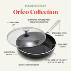 Orfeo 3QT Nonstick Saute Pan with Lid, Made in Italy, Diamond Ceramic PFAS-Free Cookware, Induction Ready, Scratch Resistant, Laser-Fused Surface for Durability, Dishwasher Safe, Black