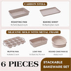 6 Pcs Baking Pans Set, Silicone Bakeware Sets with Metal Reinforced Frame, Nonstick Stackable Carbon Steel Non Toxic Baking Sets for Cooking (Brown)