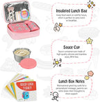 Itslife Bento Lunch Box Set for Kids with 12oz Soup Thermo&Lunch Bag, Leak-Proof Lunch Food Containers for Kids School, 5 Compartment, Sauce Cup, 10 Notes (Mermaids Pink)