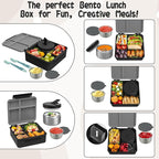 Kids Bento Lunch Box with 8oz Soup Thermo, Kids Leakproof Lunch Food Containers with 4 Compartment,Insulated Hot Food Jar with Lunch Bag for School, Travel (Black)