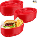 60 Pack Red Plastic Oval Fast Food Baskets - 9x5.7x1.6 Inch, Perfect for Picnic, Deli Serving, Chicken, Burgers and Fries