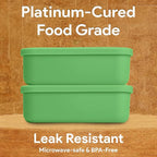 Platinum Silicone Bento Lunch Box Set of 2 – 3 Compartments, Leakproof, Versatile, Durable, Microwave & Freezer Safe, Meal Prep Container, Food Storage for All Ages (Watermelon Green)