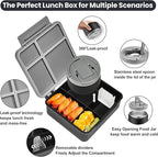 Bento Lunch Box for Kids with 8oz Soup Thermo,Kids Leakproof Lunch Food Containers with 4 Compartment,Kid Insulated Thermo Hot Food Jar for School,Trvael-Black