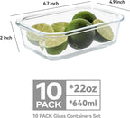 BAYZZ 10 Pack 22 oz Glass Meal Prep Containers, Glass Food Storage Containers with Airtight Lids, BPA-Free, Freezer and Microwave Safe, White